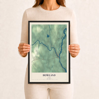 Howland, Maine map print - 12 x 18 black Ayous wood frame