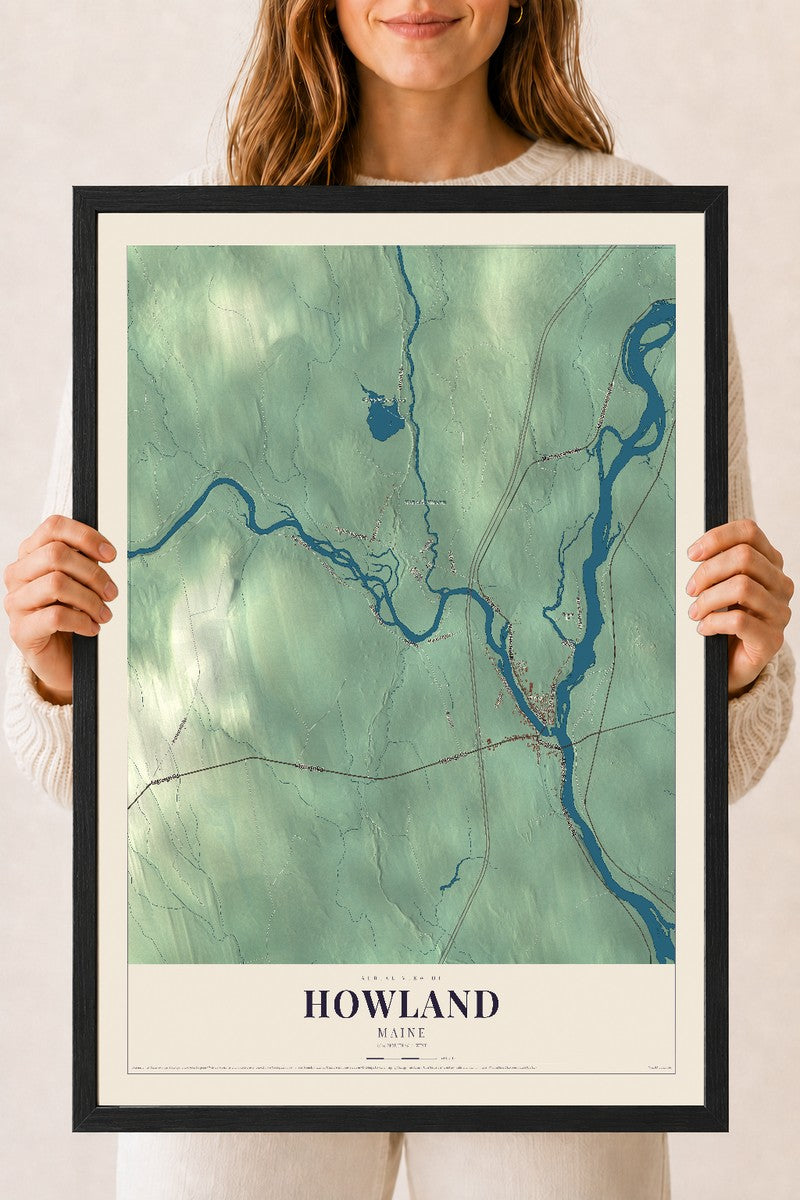 Howland, Maine map print - 18 x 24 black Ayous wood frame