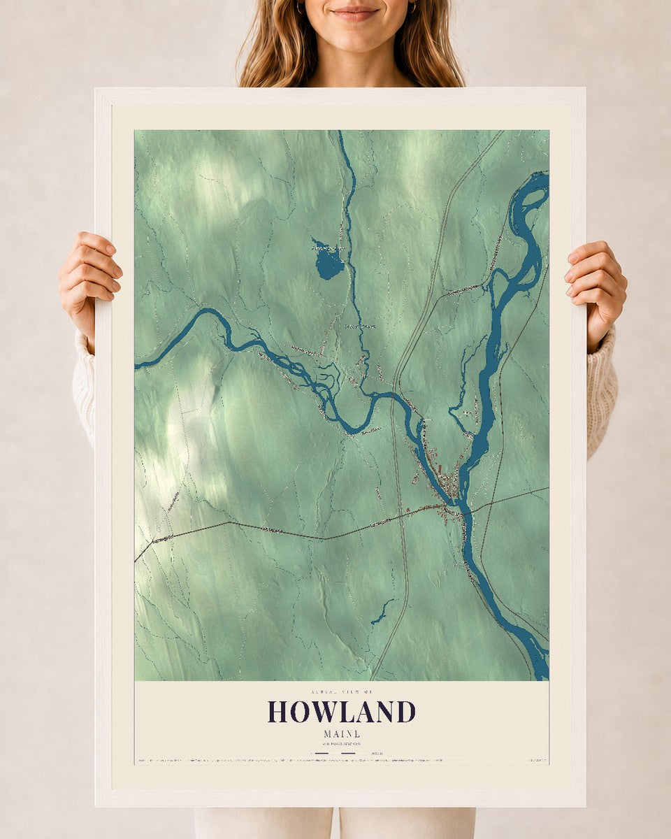 Howland, Maine map print - 24 x 36 white Ayous wood frame