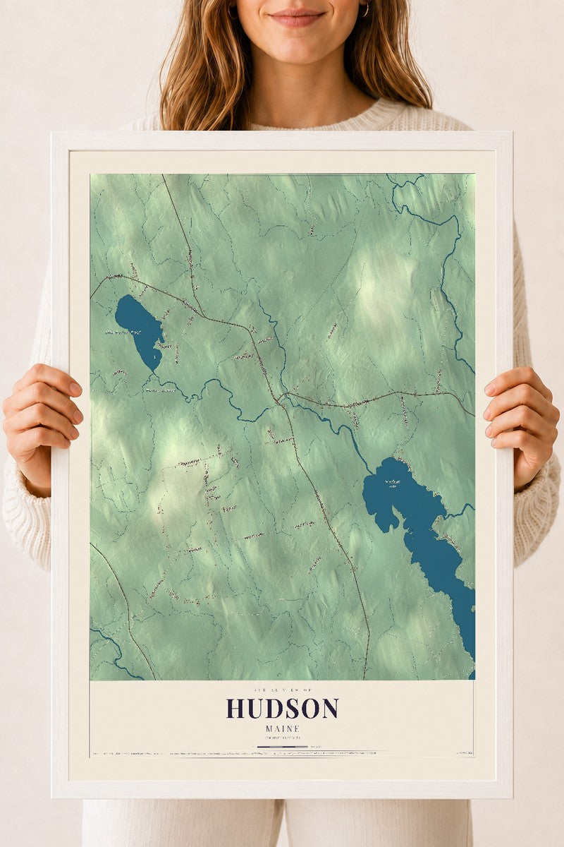 Hudson, Maine map print - 18 x 24 white Ayous wood frame