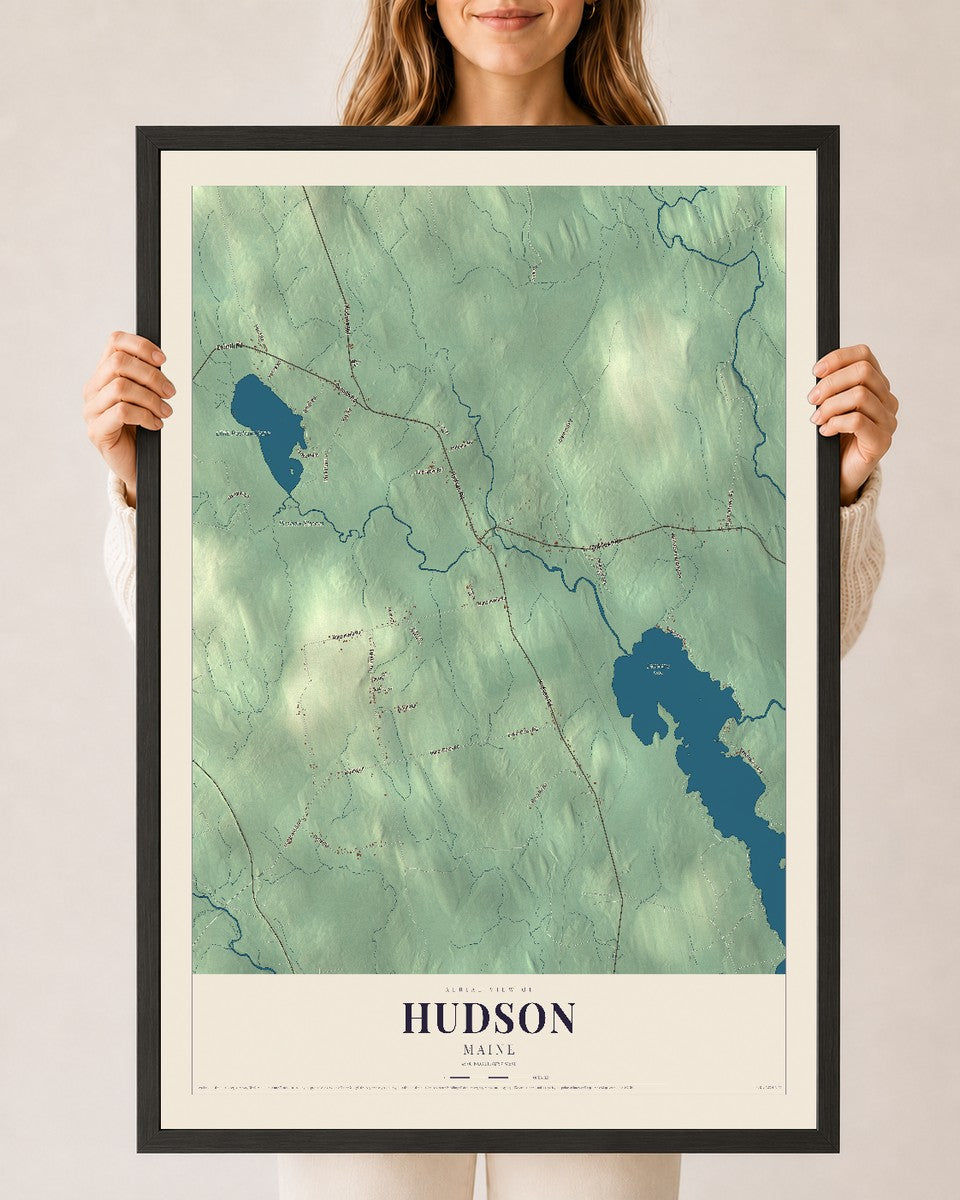 Hudson, Maine map print - 24 x 36 black Ayous wood frame