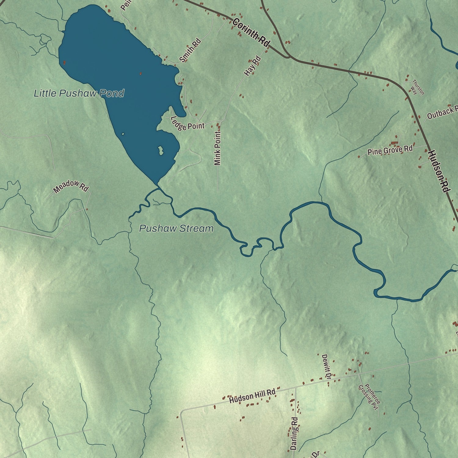 Terrain and local geography detail from the Hudson, Maine map