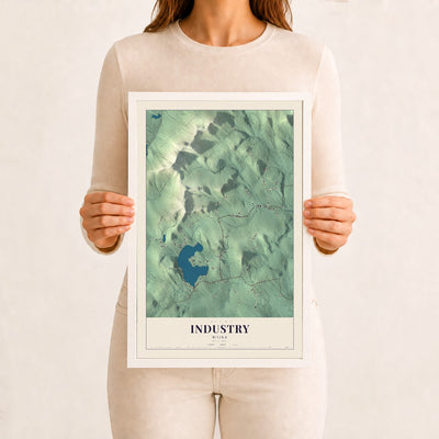 Industry, Maine map print - 12 x 18 white Ayous wood frame