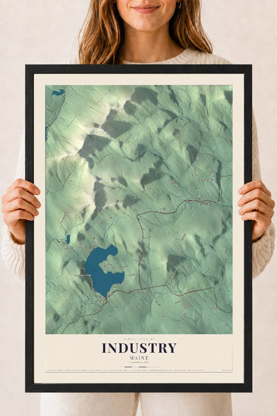 Industry, Maine map print - 18 x 24 black Ayous wood frame