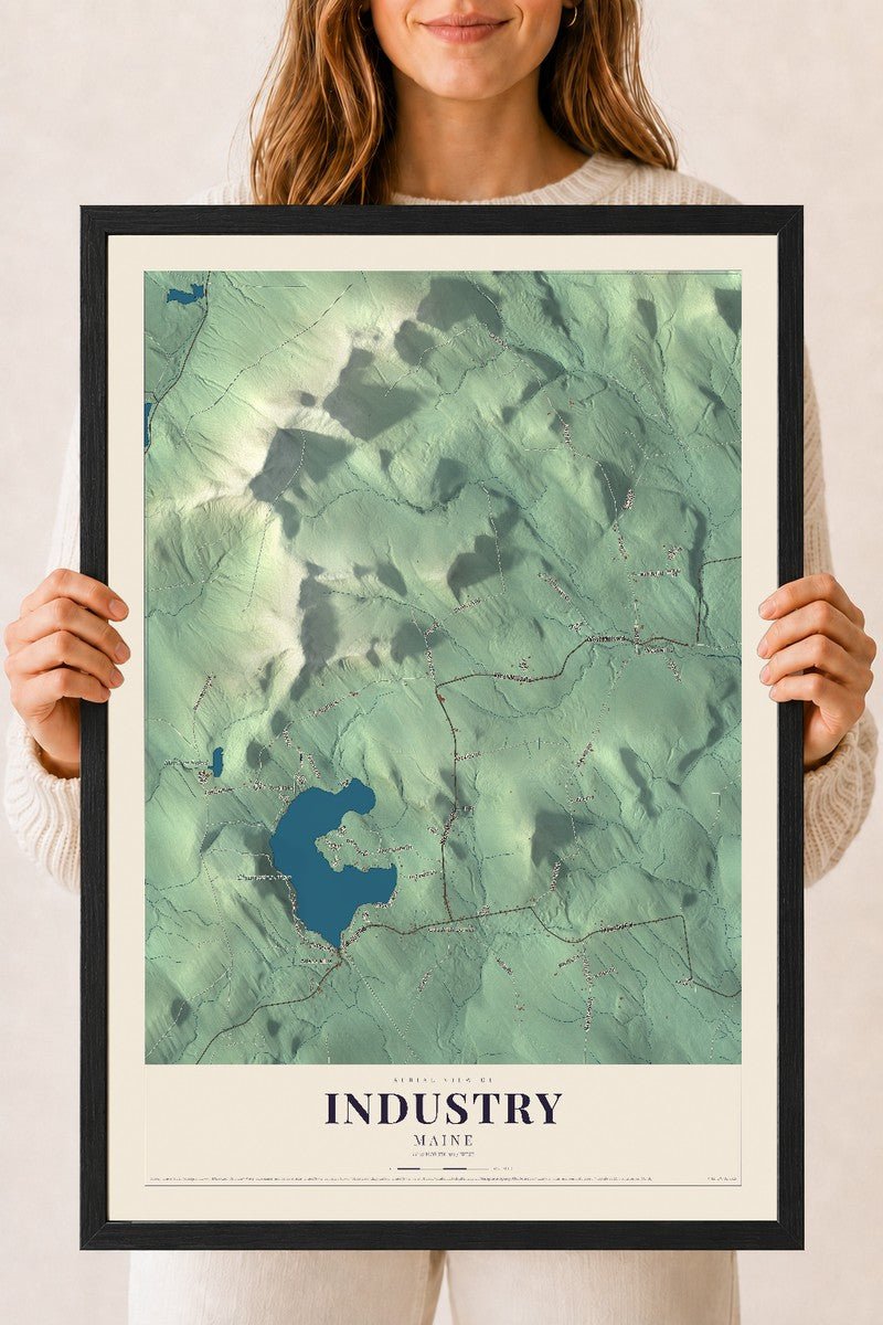 Industry, Maine map print - 18 x 24 black Ayous wood frame