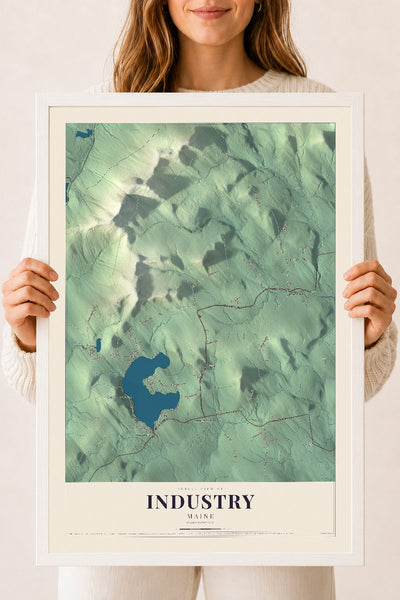 Industry, Maine map print - 18 x 24 white Ayous wood frame