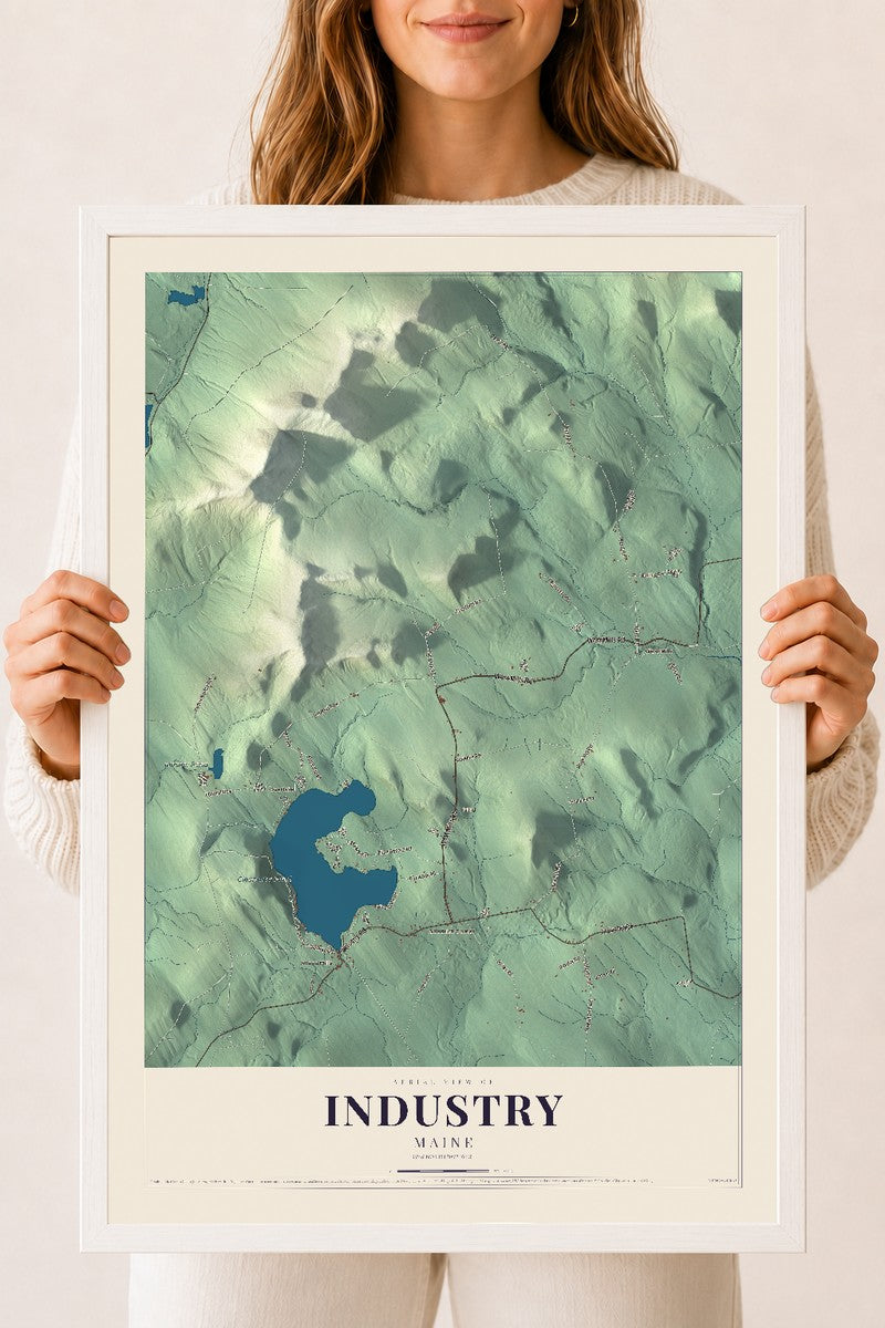 Industry, Maine map print - 18 x 24 white Ayous wood frame