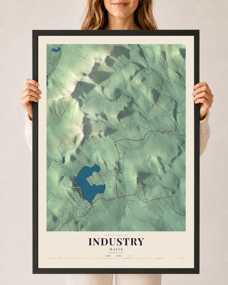Industry, Maine map print - 24 x 36 black Ayous wood frame