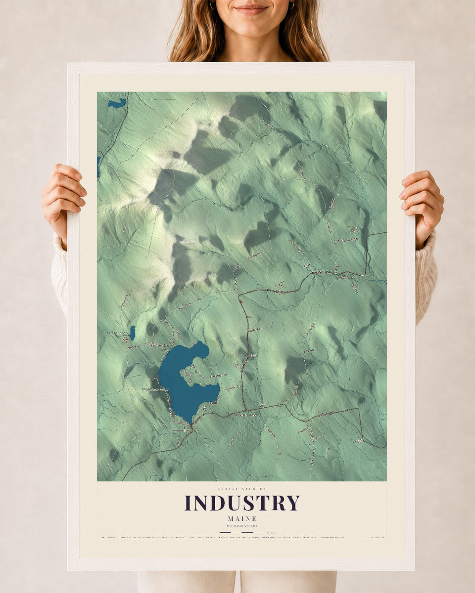 Industry, Maine map print - 24 x 36 white Ayous wood frame