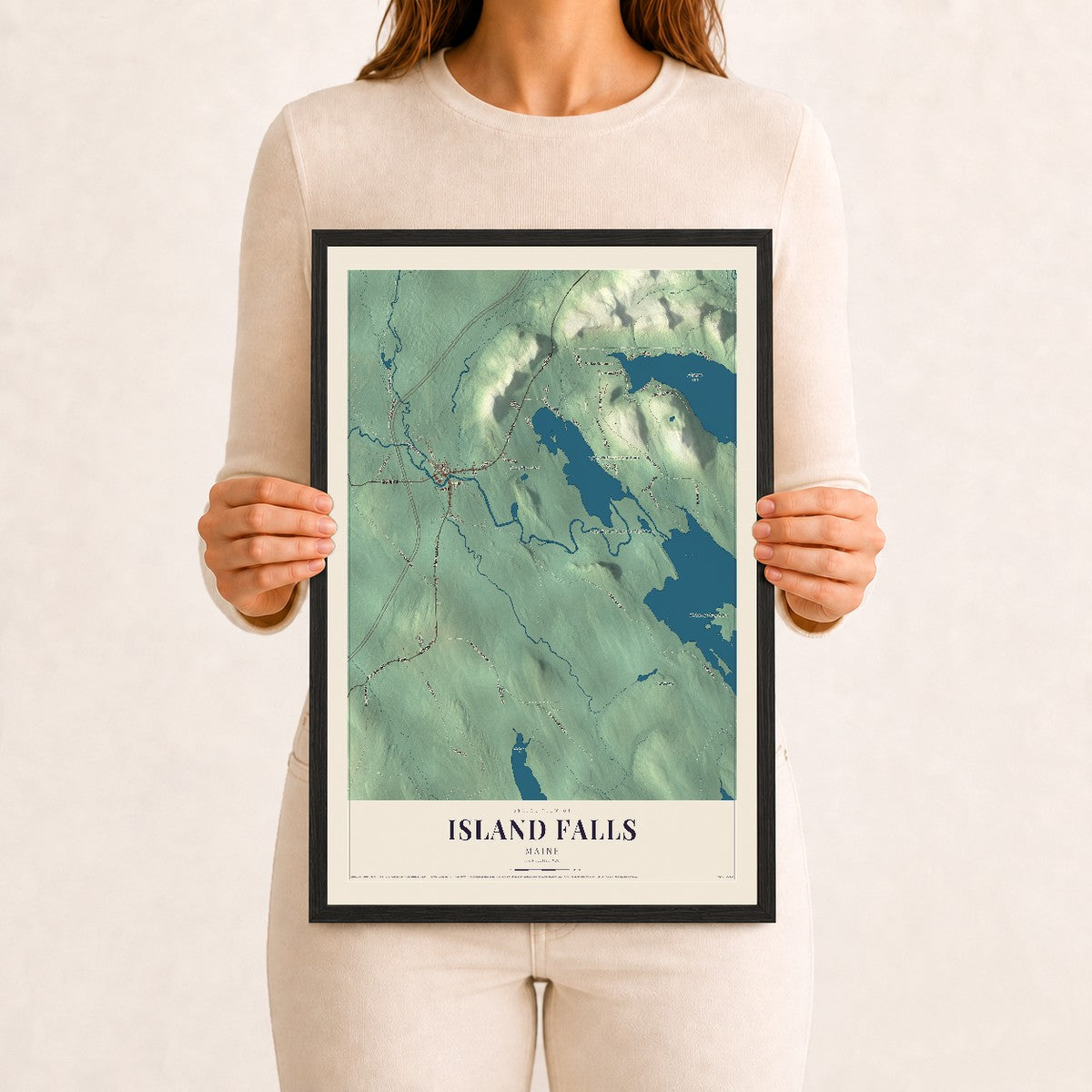Island Falls, Maine map print - 12 x 18 black Ayous wood frame