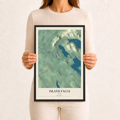 Island Falls, Maine map print - 12 x 18 black Ayous wood frame