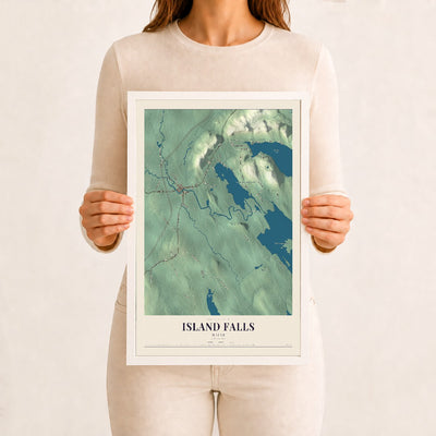 Island Falls, Maine map print - 12 x 18 white Ayous wood frame