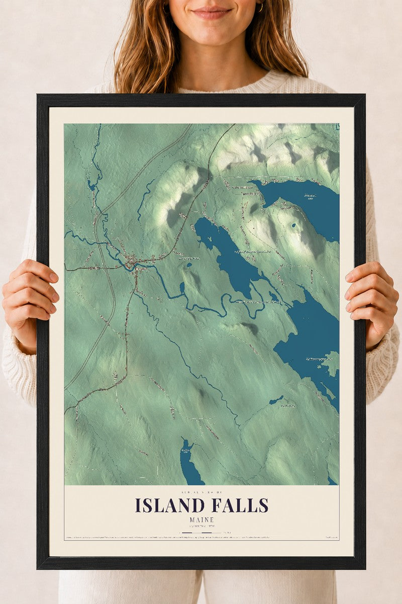 Island Falls, Maine map print - 18 x 24 black Ayous wood frame