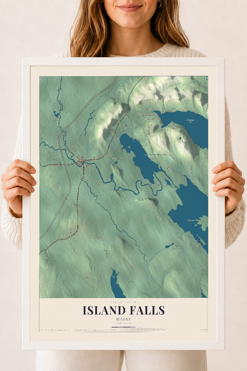 Island Falls, Maine map print - 18 x 24 white Ayous wood frame