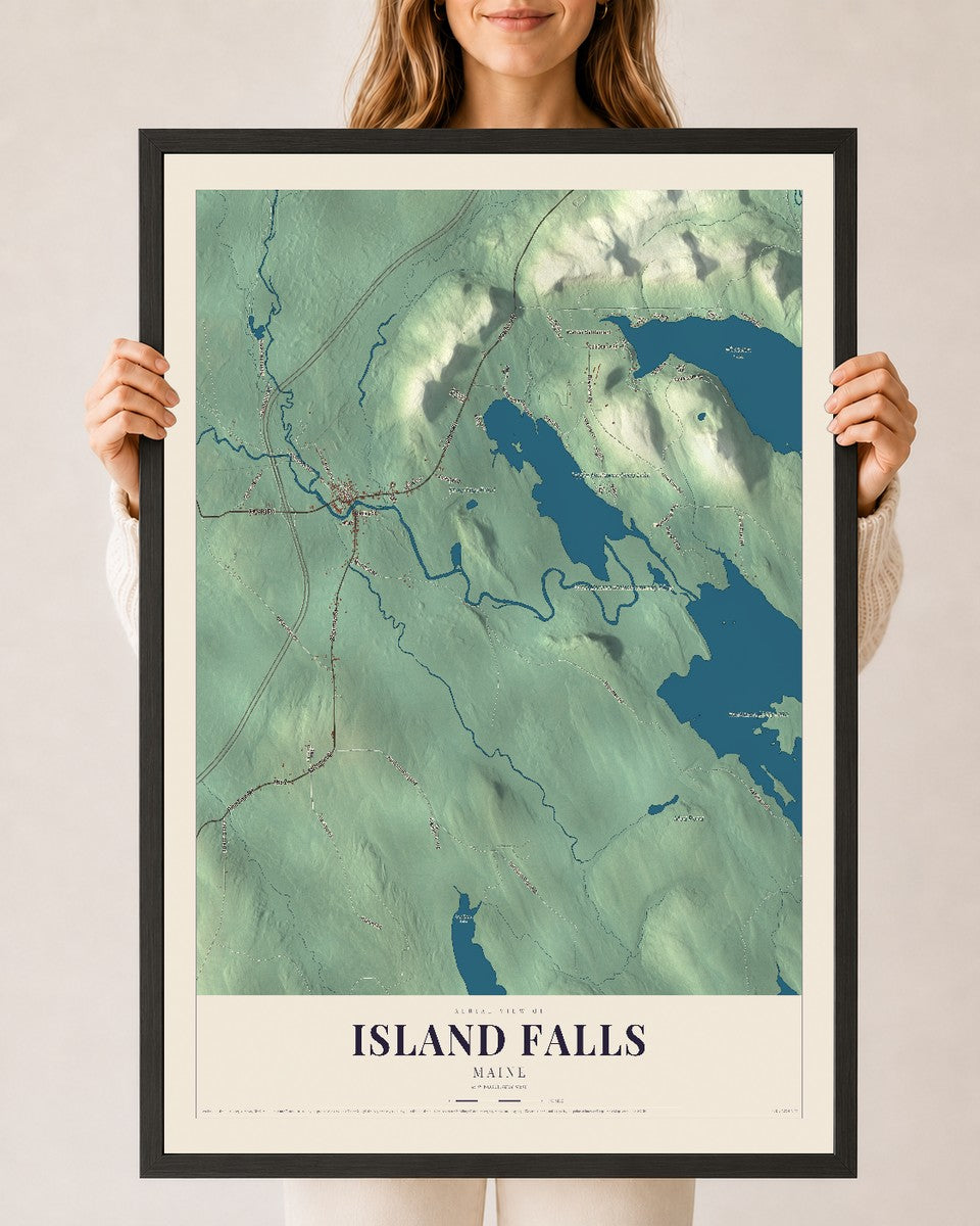 Island Falls, Maine map print - 24 x 36 black Ayous wood frame