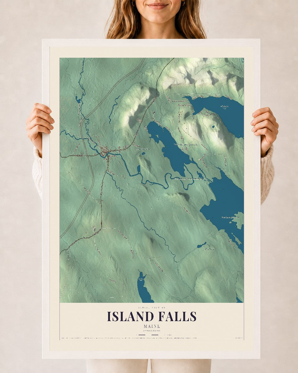 Island Falls, Maine map print - 24 x 36 white Ayous wood frame