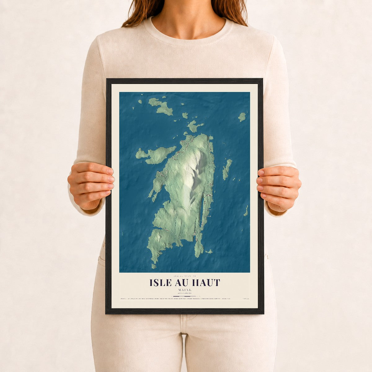 Isle au Haut, Maine map print - 12 x 18 black Ayous wood frame