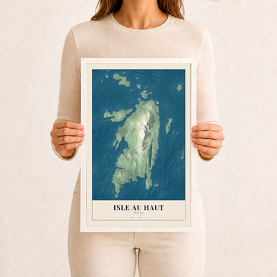 Isle au Haut, Maine map print - 12 x 18 white Ayous wood frame