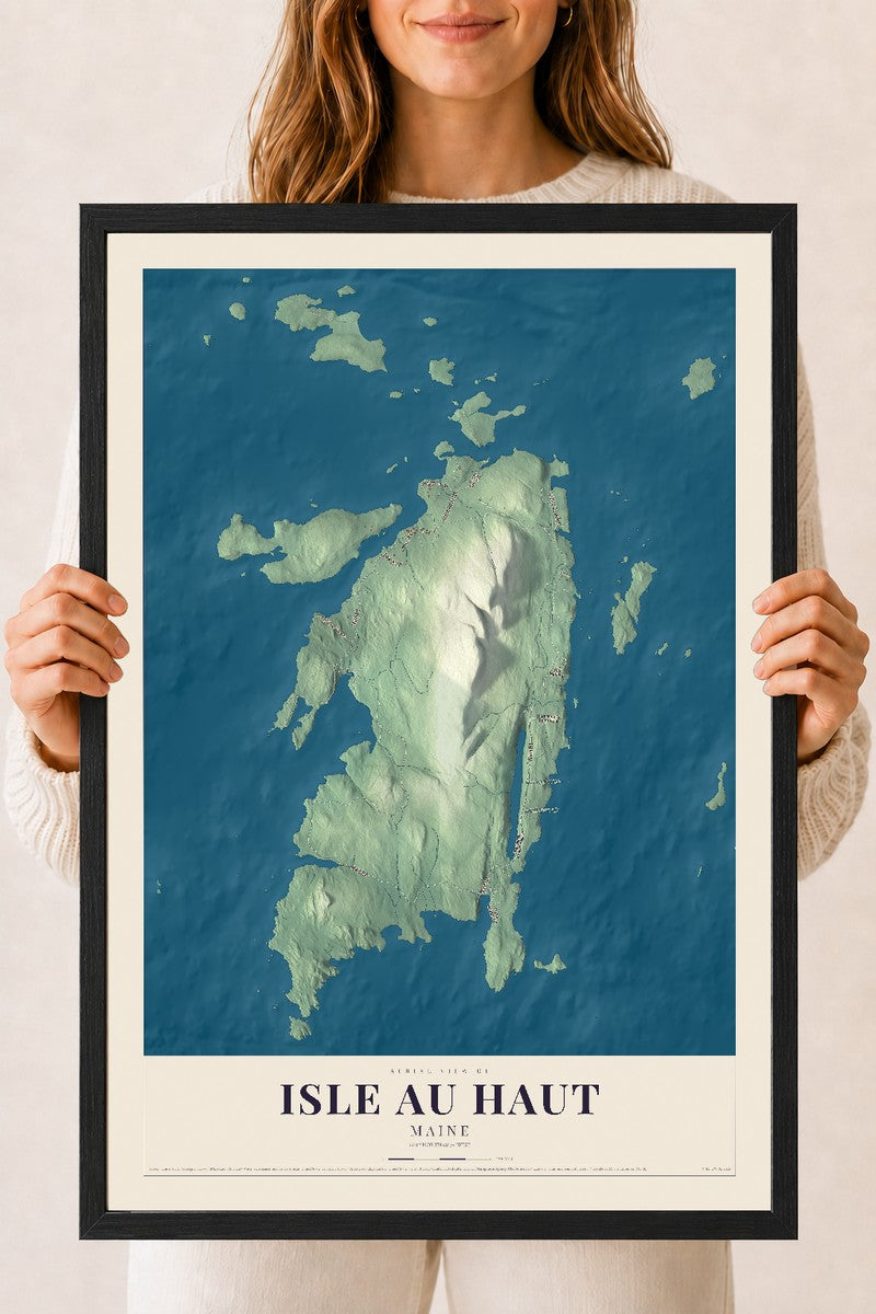 Isle au Haut, Maine map print - 18 x 24 black Ayous wood frame