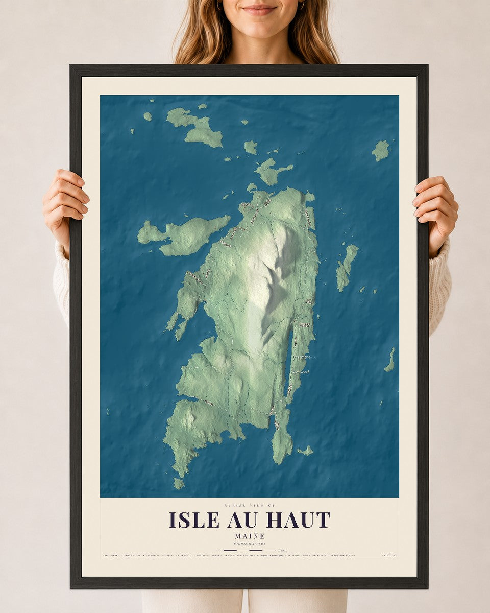 Isle au Haut, Maine map print - 24 x 36 black Ayous wood frame