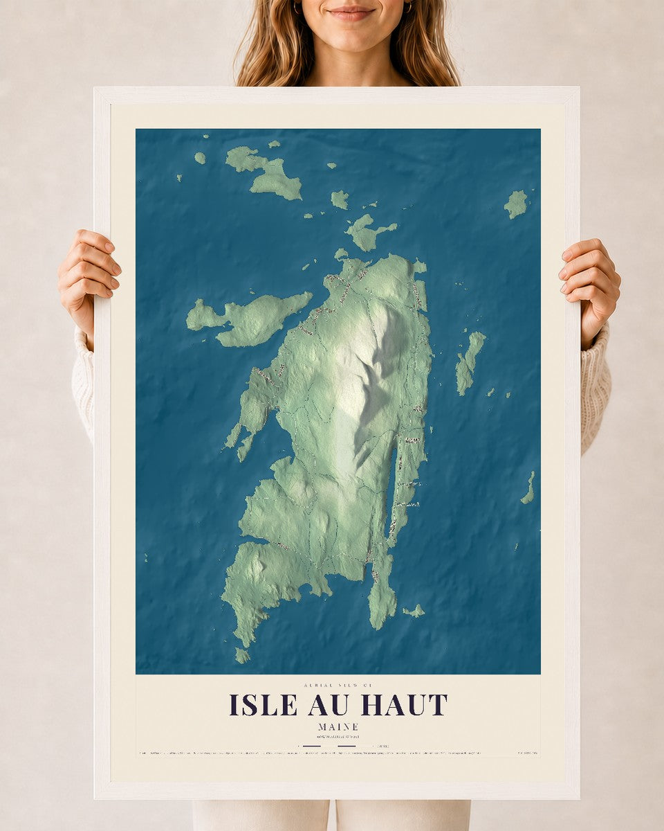 Isle au Haut, Maine map print - 24 x 36 white Ayous wood frame