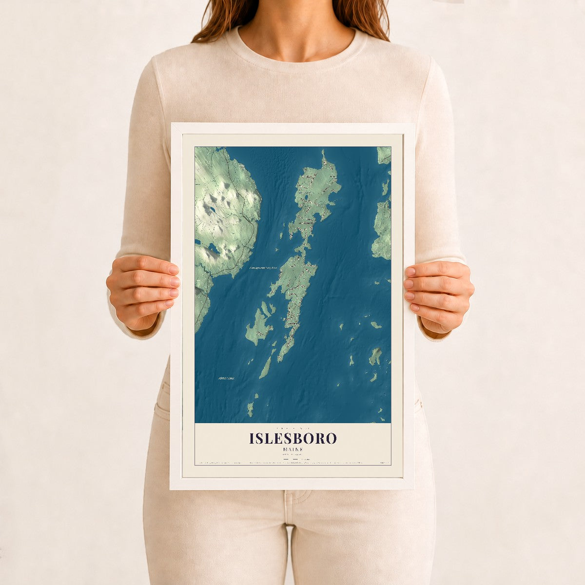 Islesboro, Maine map print - 12 x 18 white Ayous wood frame