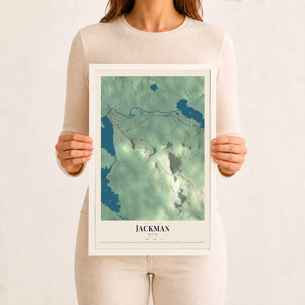 Jackman, Maine map print - 12 x 18 white Ayous wood frame
