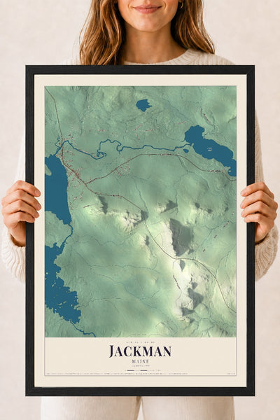 Jackman, Maine map print - 18 x 24 black Ayous wood frame