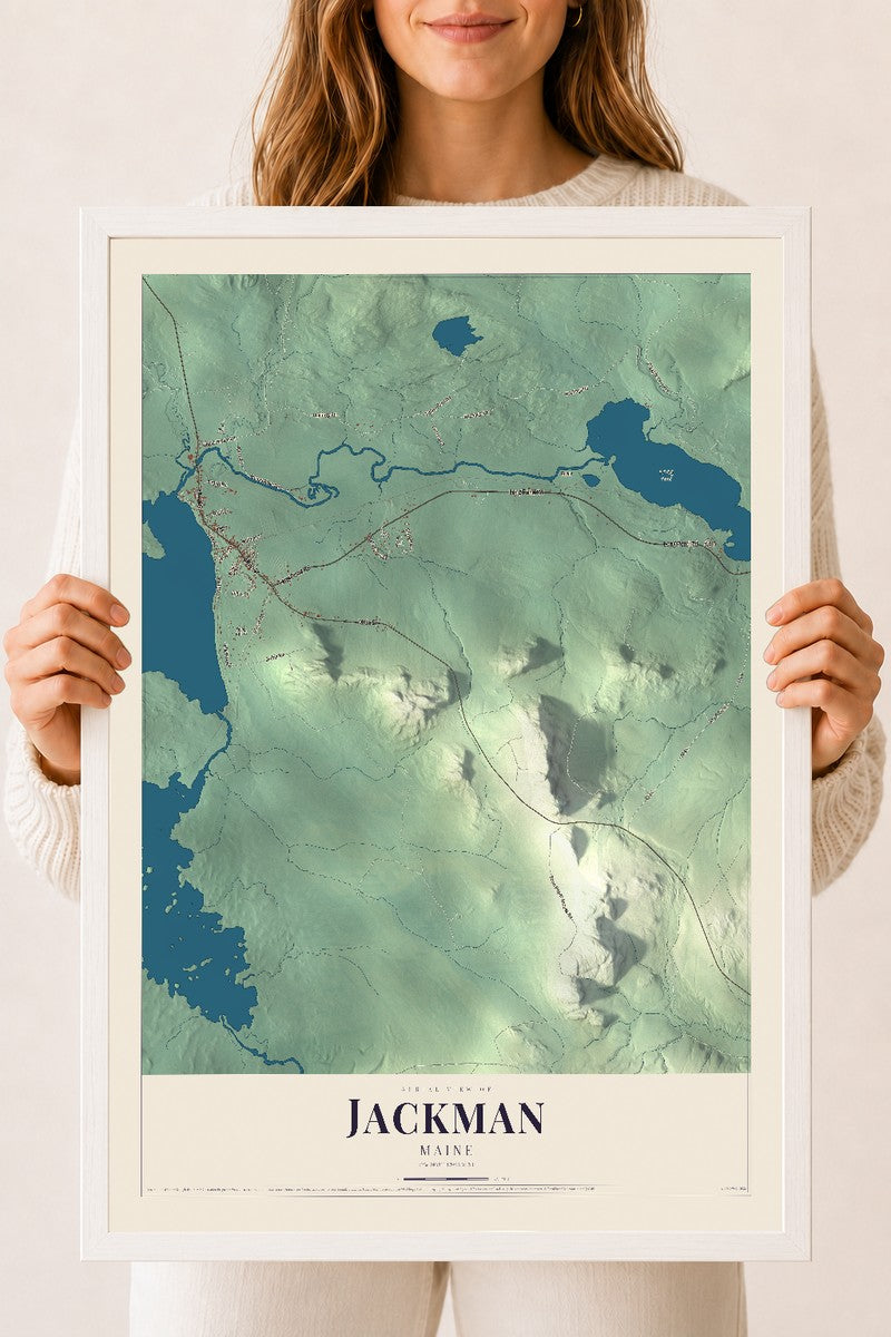 Jackman, Maine map print - 18 x 24 white Ayous wood frame