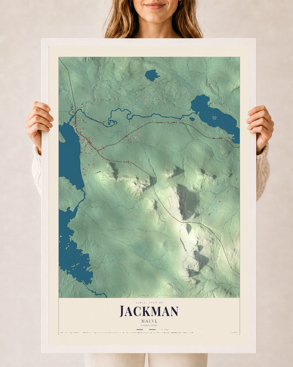 Jackman, Maine map print - 24 x 36 white Ayous wood frame