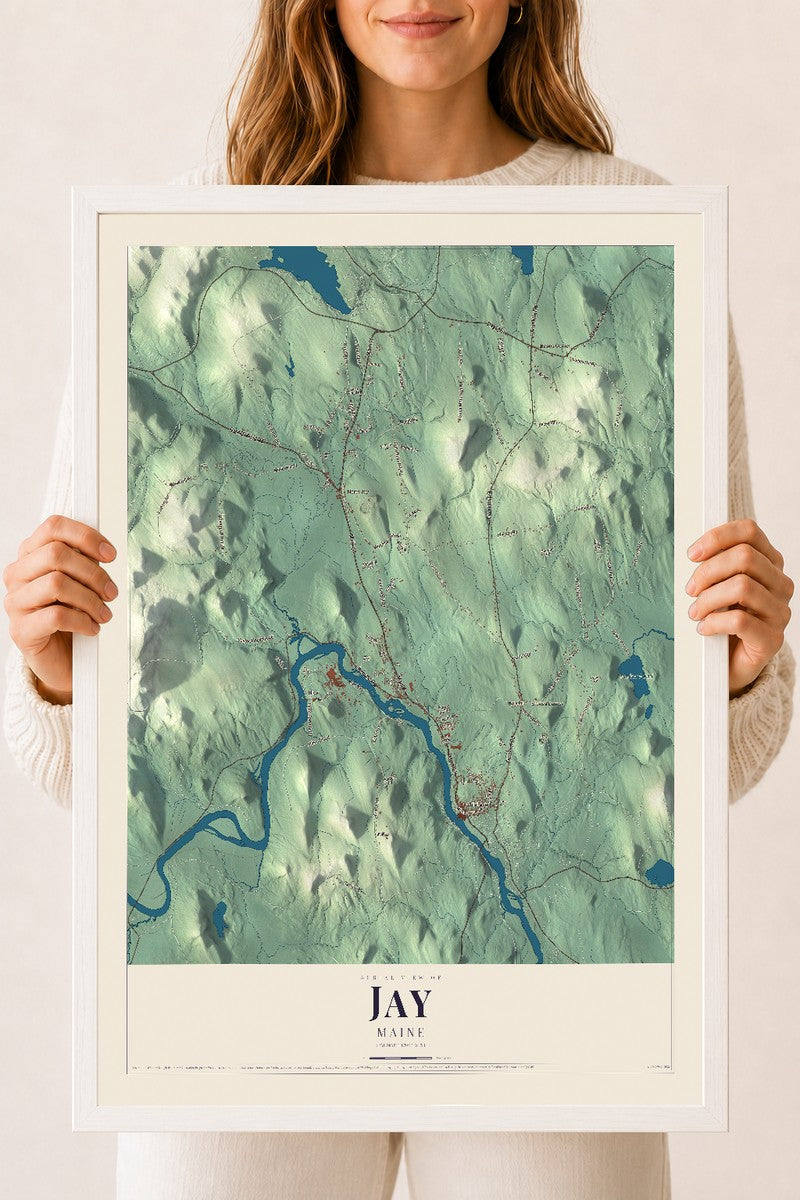 Jay, Maine map print - 18 x 24 white Ayous wood frame