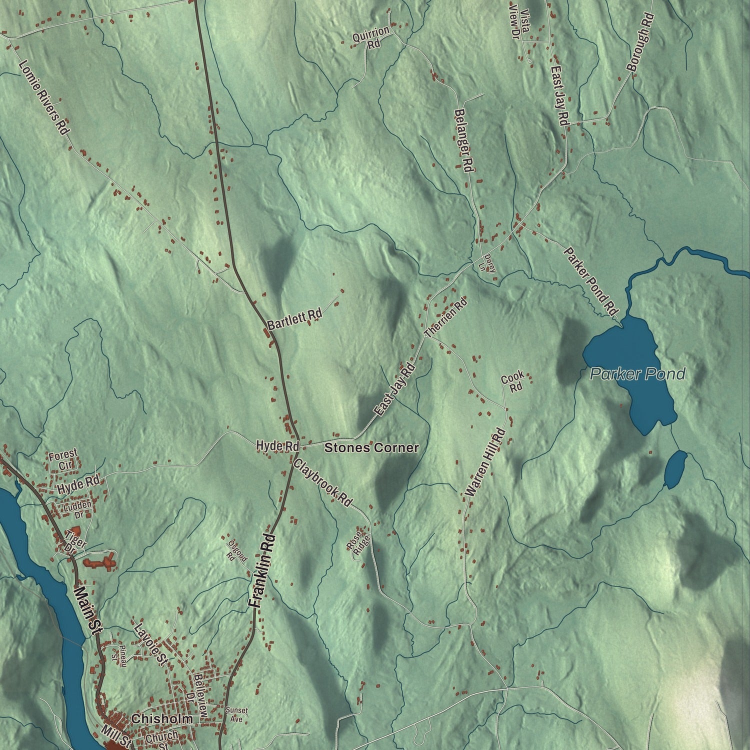 Terrain and local geography detail from the Jay, Maine map