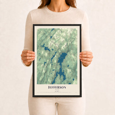 Jefferson, Maine map print - 12 x 18 black Ayous wood frame