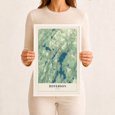 Jefferson, Maine map print - 12 x 18 white Ayous wood frame