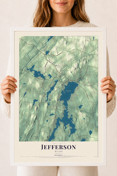 Jefferson, Maine map print - 18 x 24 white Ayous wood frame