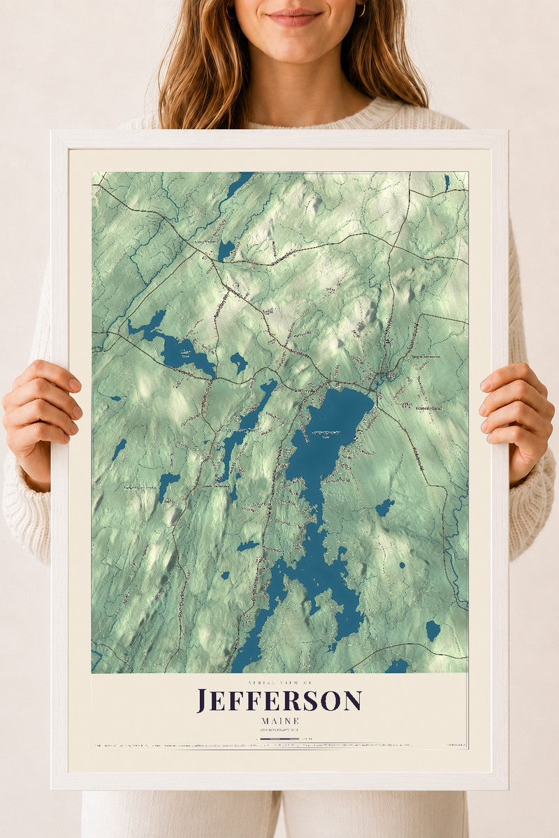 Jefferson, Maine map print - 18 x 24 white Ayous wood frame