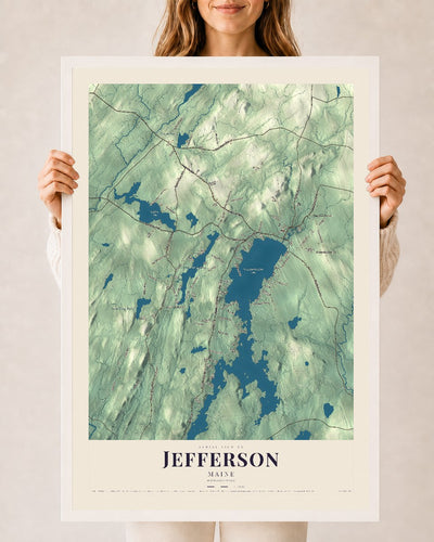Jefferson, Maine map print - 24 x 36 white Ayous wood frame