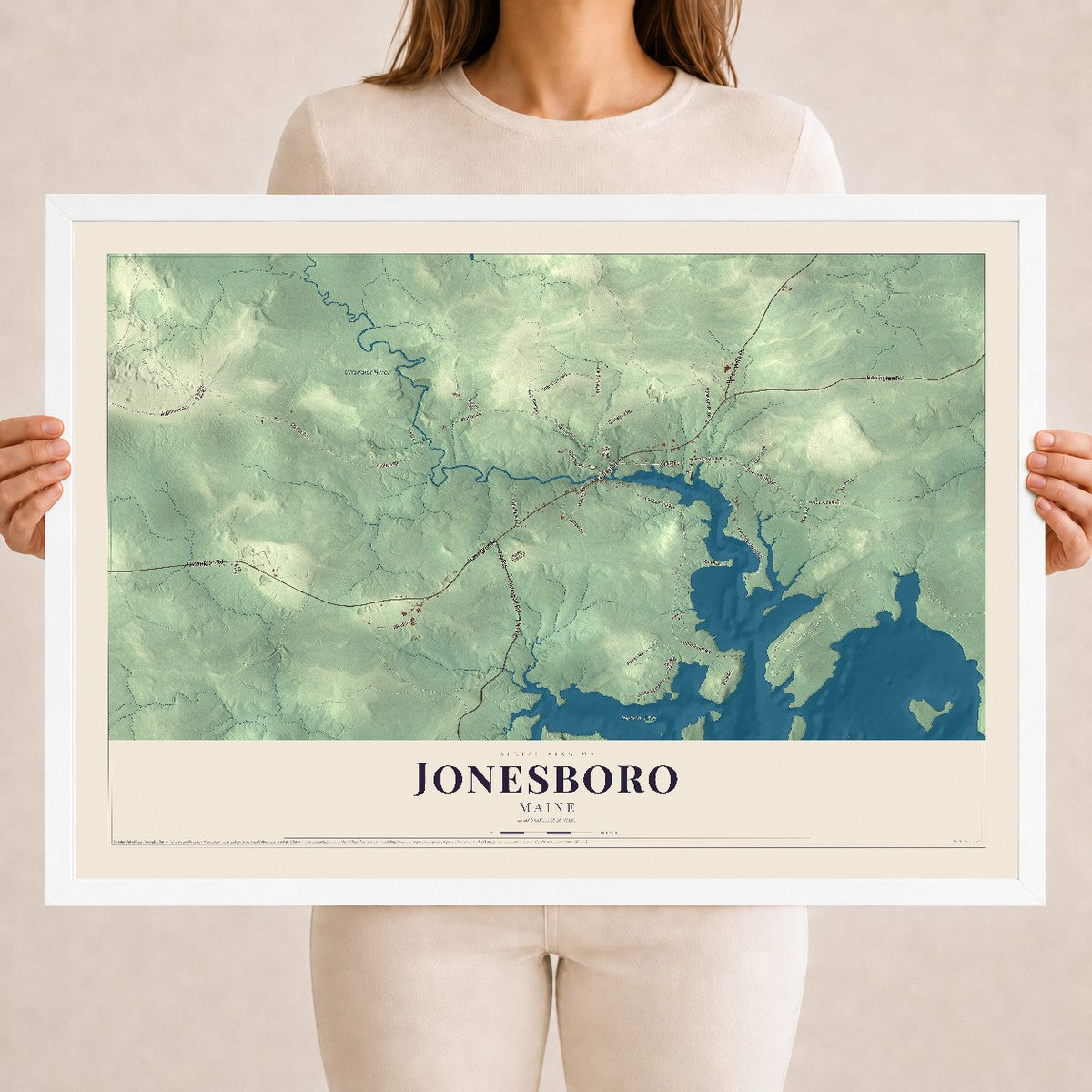 Jonesboro, Maine map print - 18 x 24 white Ayous wood frame