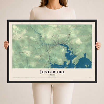 Jonesboro, Maine map print - 24 x 36 black Ayous wood frame