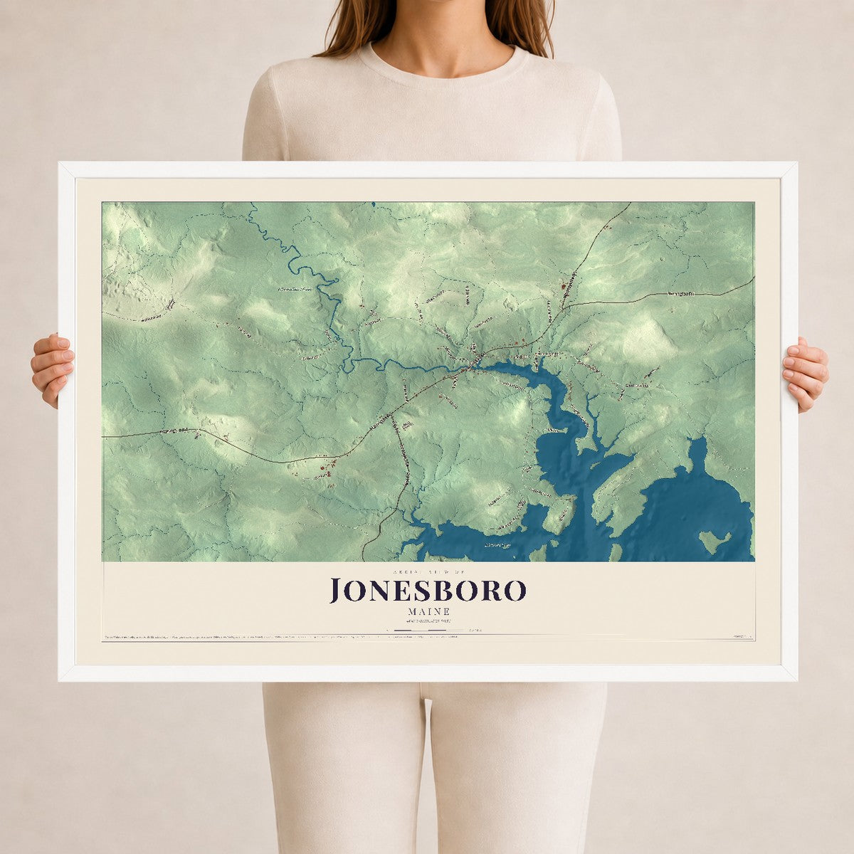 Jonesboro, Maine map print - 24 x 36 white Ayous wood frame