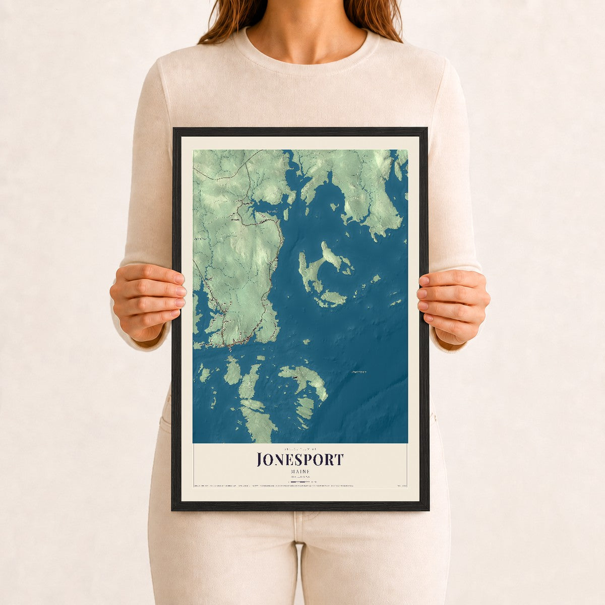 Jonesport, Maine map print - 12 x 18 black Ayous wood frame