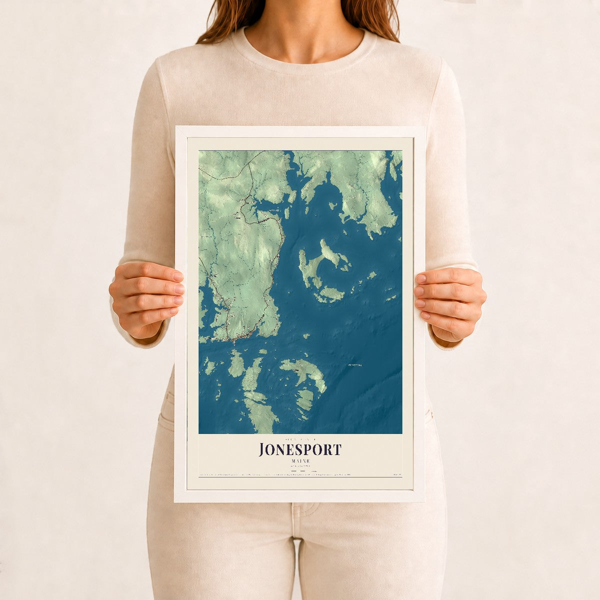 Jonesport, Maine map print - 12 x 18 white Ayous wood frame