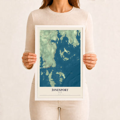 Jonesport, Maine map print - 12 x 18 white Ayous wood frame