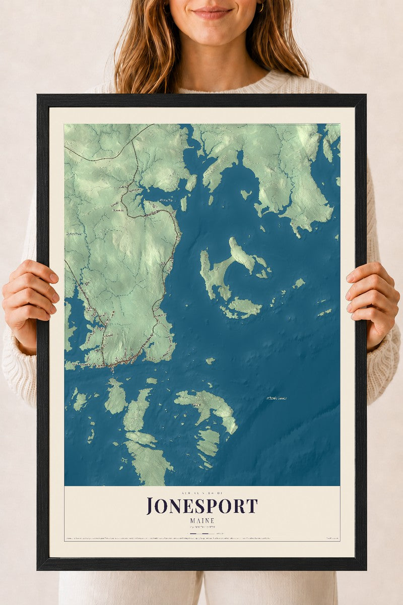 Jonesport, Maine map print - 18 x 24 black Ayous wood frame
