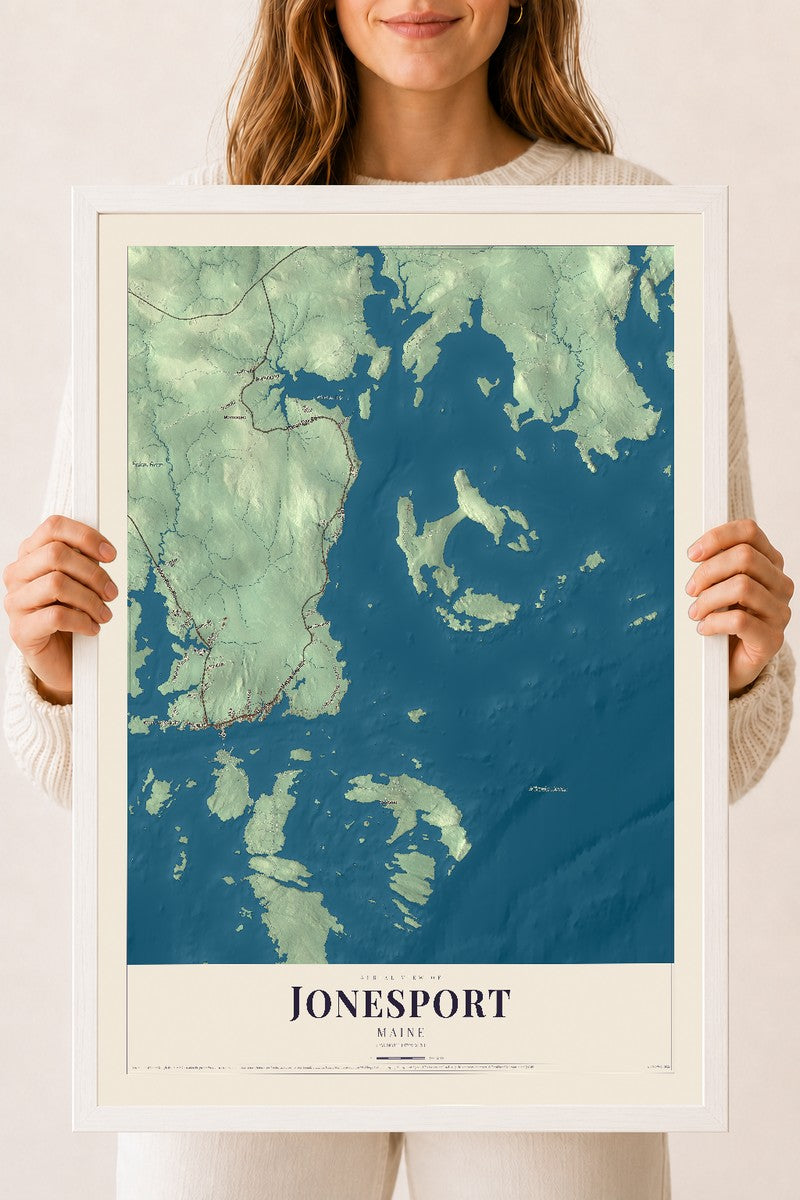 Jonesport, Maine map print - 18 x 24 white Ayous wood frame