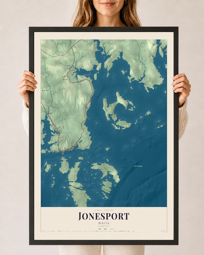 Jonesport, Maine map print - 24 x 36 black Ayous wood frame