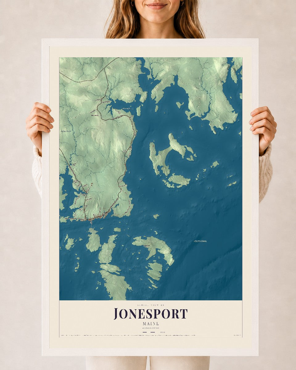 Jonesport, Maine map print - 24 x 36 white Ayous wood frame