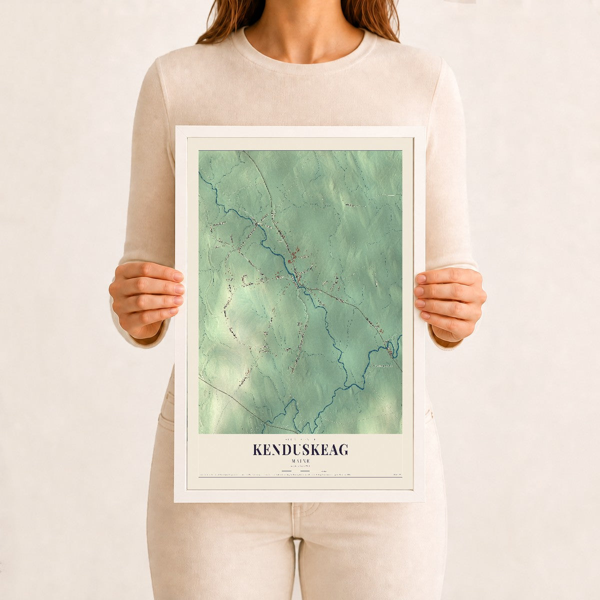 Kenduskeag, Maine map print - 12 x 18 white Ayous wood frame