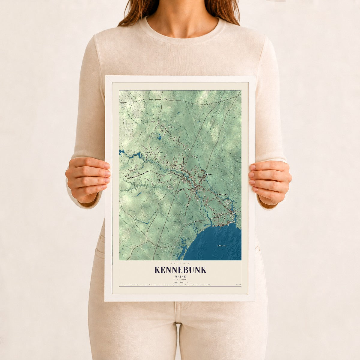 Kennebunk, Maine map print - 12 x 18 white Ayous wood frame