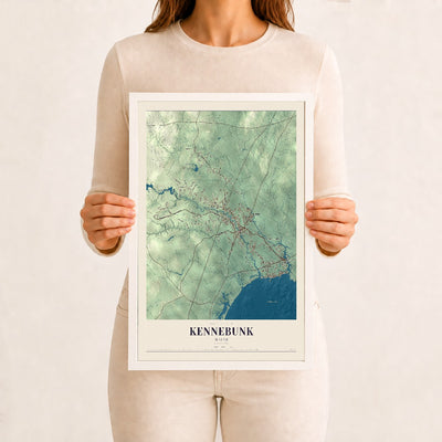 Kennebunk, Maine map print - 12 x 18 white Ayous wood frame